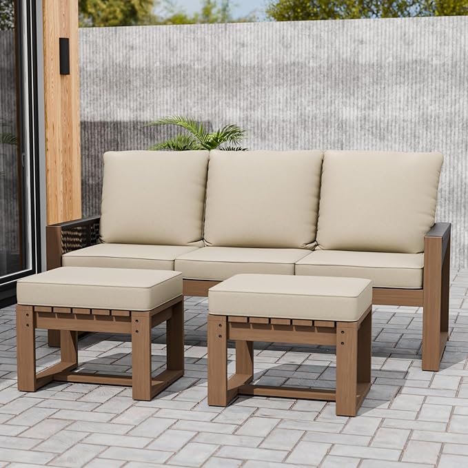 INTER HUT Rustic Hideaway Natural Cedar Wood Outdoor Furniture Set, Wicker Patio Conversation Set for Porch Garden Backyard, Couch and 2 Ottomans, 3 Piece, Brownish/Beige