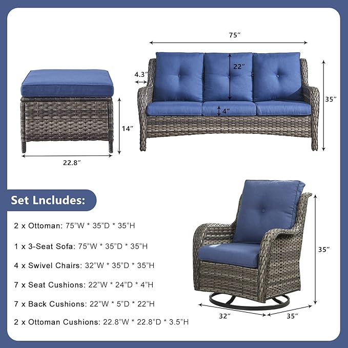Rilyson Wicker Patio Furniture Sets - 7 Piece Rattan Outdoor Sectional Conversation Set with 4 Swivel Rocking Chairs,2 Ottomans and 1 Sofa for Porch Deck Garden(Mixed Grey/Blue)