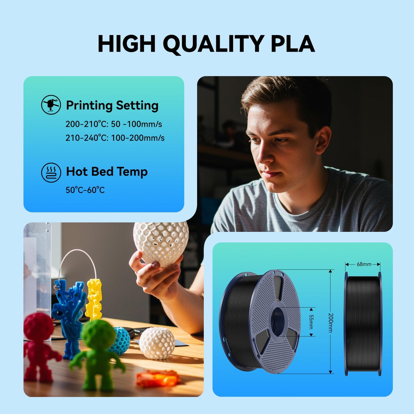 SUNLU 10kg PLA 3D Printer Filament Bundle,Neatly Wound PLA Filament 1.75mm ±0.02mm, 1kg per Spool,10 Pack,Black+White+Grey+Red+Klein Blue+Green+Vivid Yellow+Sunny Orange+Lavender Purple+Transparent