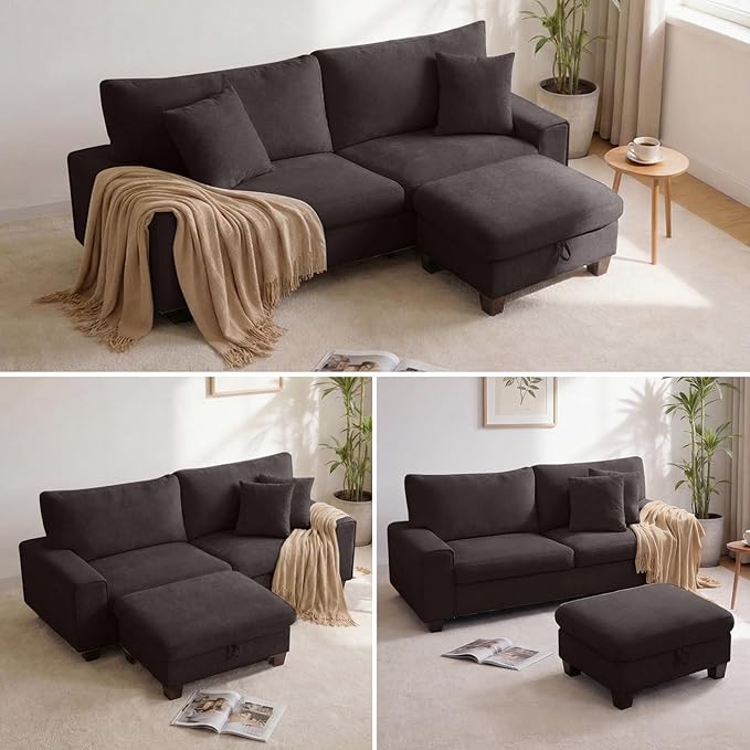DOPEDIO L-Shaped Sectional Sofa with Storage Ottoman, Modern Chenille Recliner Loveseat, Removable Couch Covers, Pocket Spring Cushions, Solid Wood Frame, Easy to Install (88.58inch, Dark Grey)