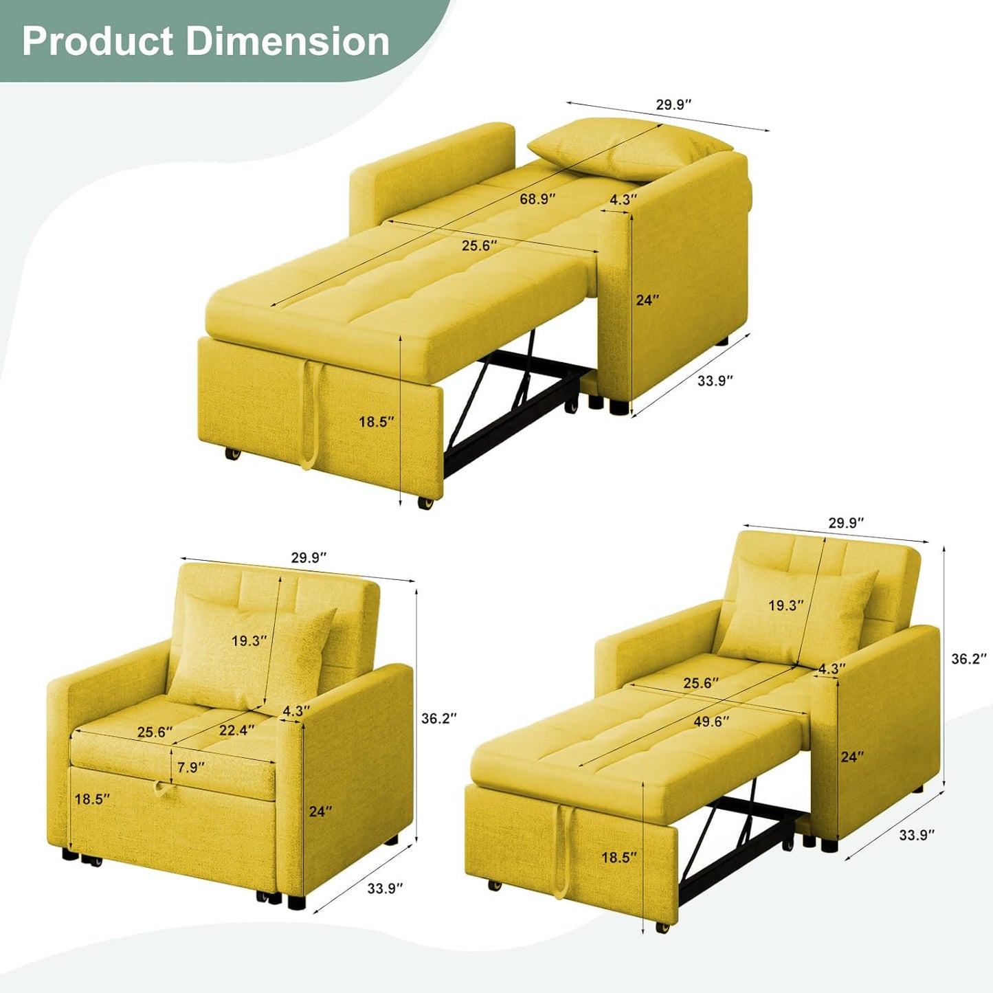 saows 3 in 1 Convertible Chair Bed, Convertible Sleeper Chair Bed, Lounger Chair, Adjustable Backrest with Pillow, Modern Sofa Bed for Living Room Apartment, Bright Yellow