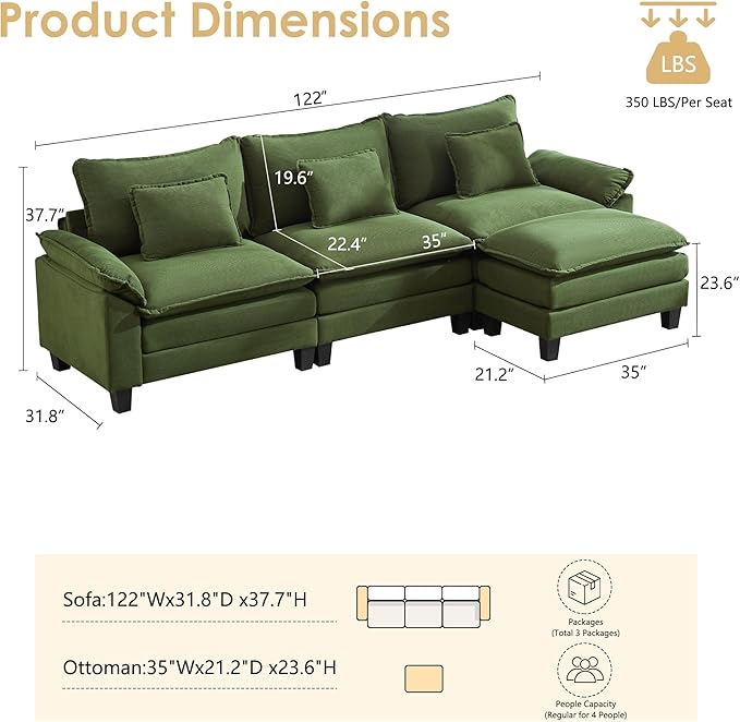URRED Cloud Couch Modular Sectional Sofa, 122'' Modern L Shaped Deep Seat Sofa with Ottoman & Pillows, Ultra Comfy Corduroy Couches for Living Room, Bedroom or Apartment, Green
