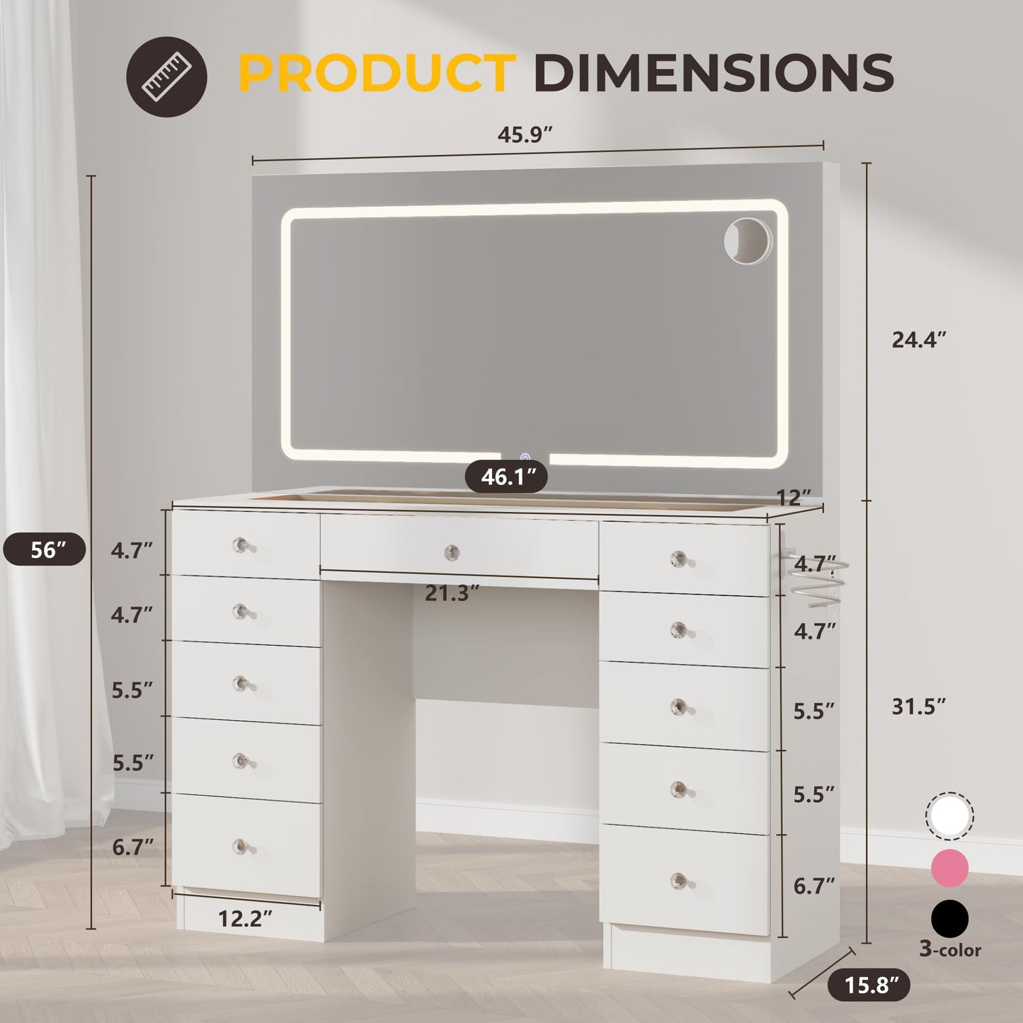 Otterease Vanity Desk with Mirror and Lights, 11 Drawers Makeup Vanity Desk with Tempered Glass top, 3 Lighting Modes Adjustable Brightness, White Vanity with Magnetic 5X Magnifier for Bedroom