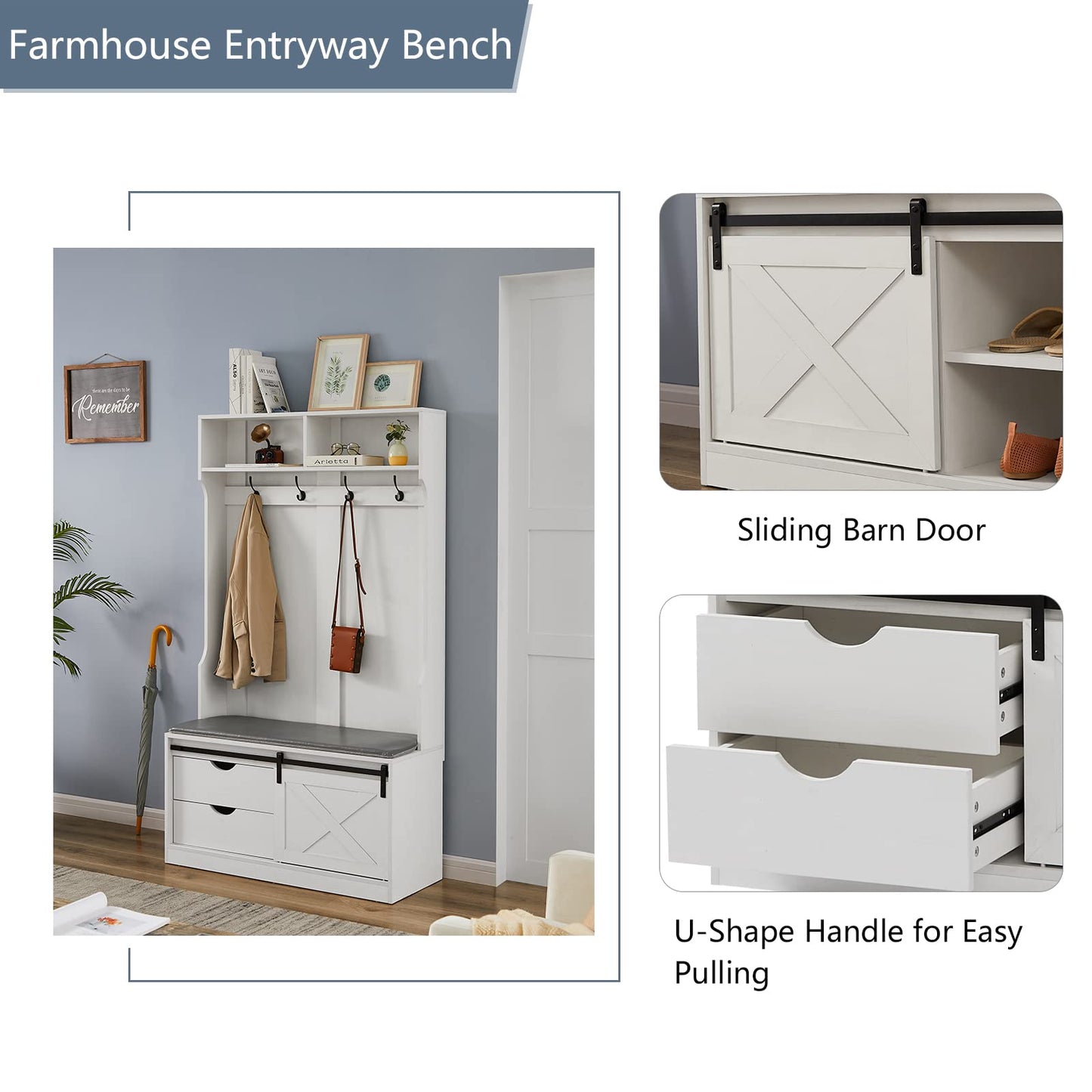 Betoko 71 Inch Entryway Bench with Sliding Barn Door, Hall Tree with Coat Rack and Storage Bench, Wood Coat Tree with Cushioned Stool and Hooks for Hallway, Living Room, Mudroom (White)