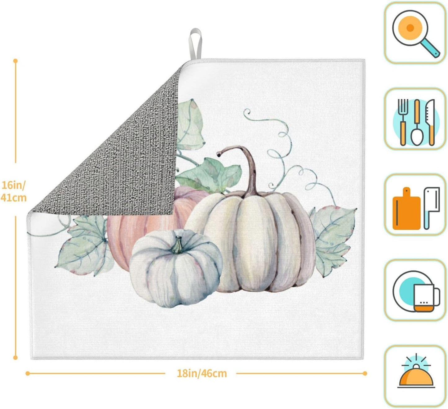 Dish Drying Mat Pumpkin Autumn Fall for Kitchen Counter Absorbent 16x18 Inch Microfiber Dishes Plate Glass Dry Draining Pad Reversible Washable
