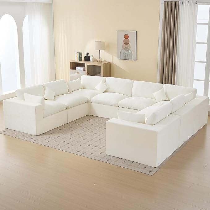155''Cloud Boneless Sectional Couch, Modular Sectional Sofa Deep Seat, Oversized Upholstered Convertible Comfy 8 Seater Chenille Memory Foam Sofa U Shape Couches for Living Room, Beige