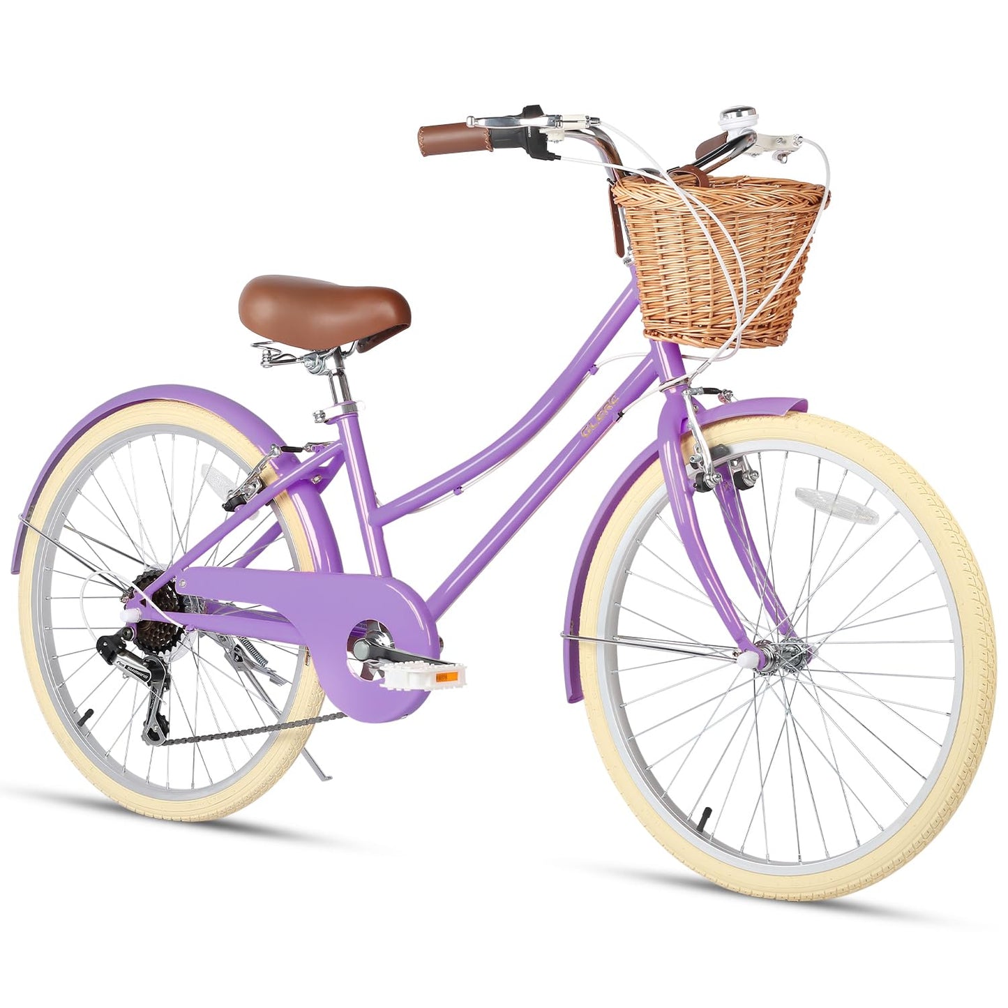 Glerc 24 Inch Beach Cruiser Bike, 6-Speed Hybrid City Bicycle for Girls Youth and Over 6 Years Old, Missy Bike with Wicker Basket & Lightweight, Purple