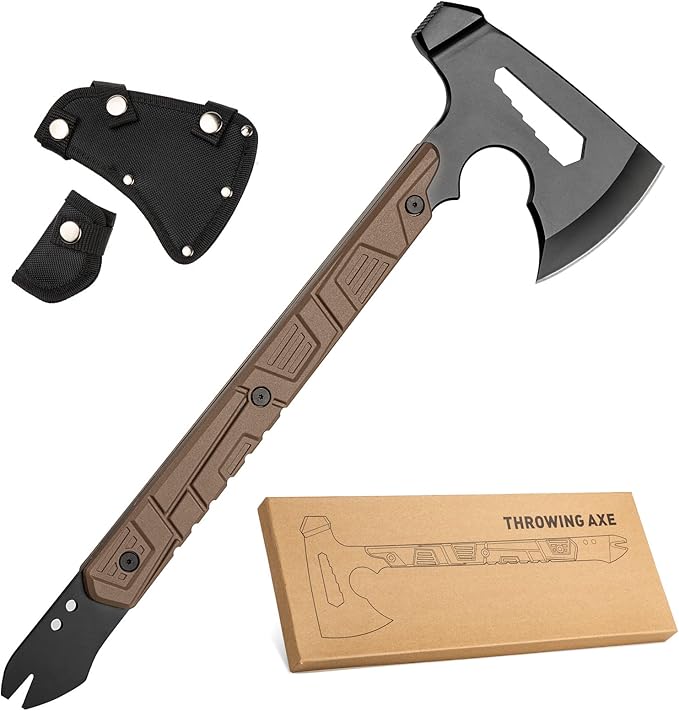 17.5in Full Tang Camping Axe Tomahawk with Nylon Sheath, Tactical and Survival Hatchet with Hammer for Axe Throwing, Outdo...