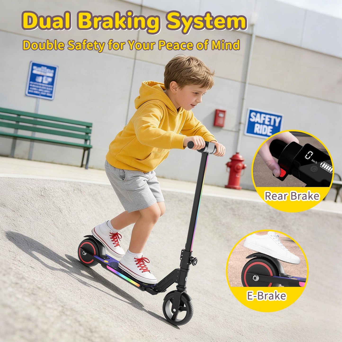 SIMATE Electric Scooter for Kids, Motorized E-Scooters with Colorful Front Light and Pedal Lights, LED Display & Foldable, Dual Braking System, Top 8.7mph & 5 Miles, Gifts for Kids, Girls, Boys, Teens