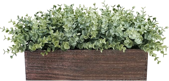 Winlyn 14" Artificial Eucalyptus in Rectangular Wood Planter Box Faux Plants Arrangement Centerpiece Wooden Potted Eucalyp...