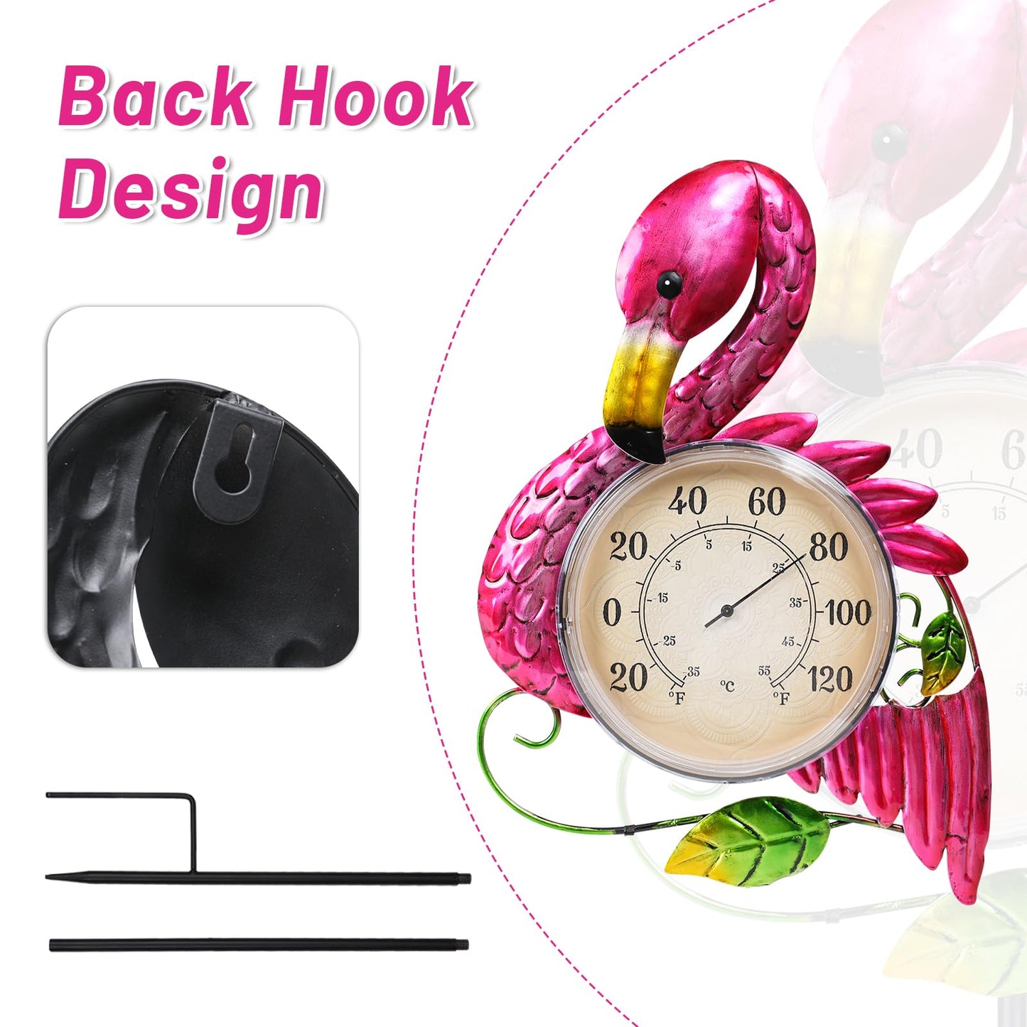MUMTOP Outdoor Thermometer, 42 Inch Metal Flamingo Solar Lights with Stake for Patio, Yard and Garden