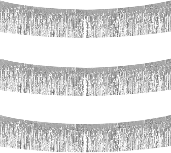 BEISHIDA 3 Packs 30 Feet Metallic Foil Fringe Garland Tinsel Streamers，Shiny Silver Wall Hanging Tinsel Fringe Banners for...
