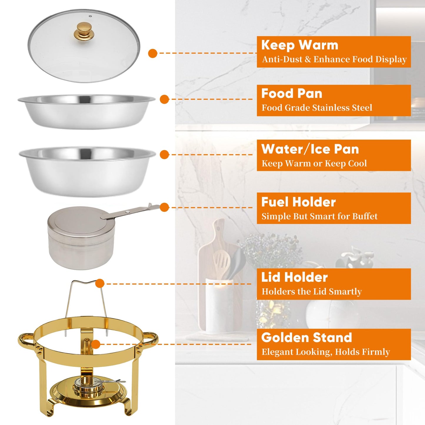 4 Pack Gold Round Chafing Dishes for Buffet, 5 QT Food Warmers and Cold Food Server for Parties, Events Hosting, Family Gatherings, Full Set Catering Supplies with Serving Utensils Accessories