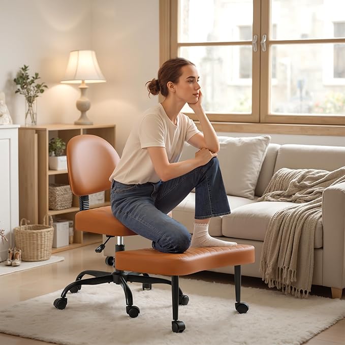 Homall Ergonomic Cross Legged Office Desk Chair with Wheels, 360° Swivel and Adjustable Height for Meditation and ADHD,Criss Cross Kneeling Chair with Lumbar Support (Leather, Brown)