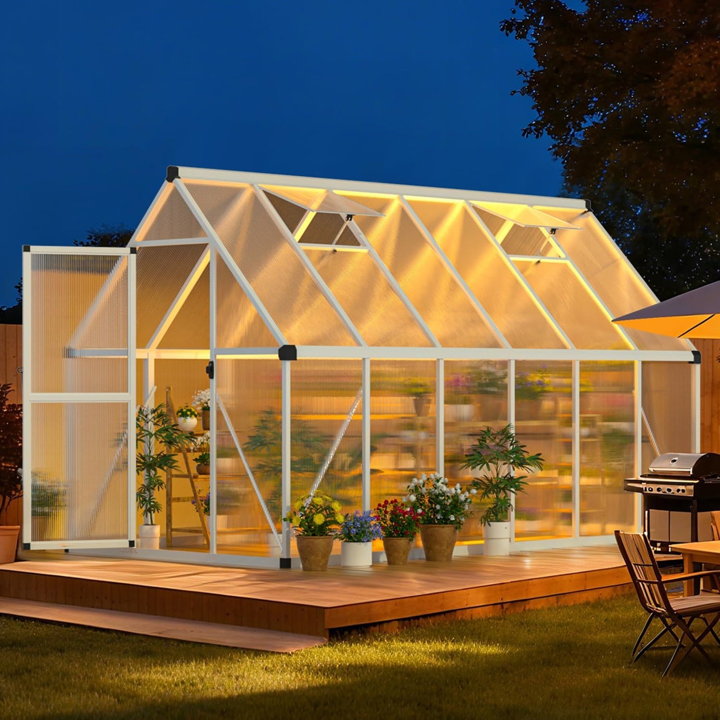 IDEALHOUSE 6x11 FT Outdoor Greenhouse with Windproof Aluminum Frame, Polycarbonate Greenhouse, Lockable Door and Ajustable Roof Vent, Aluminum Walk-in Greenhouses, for Backyard, Lawn