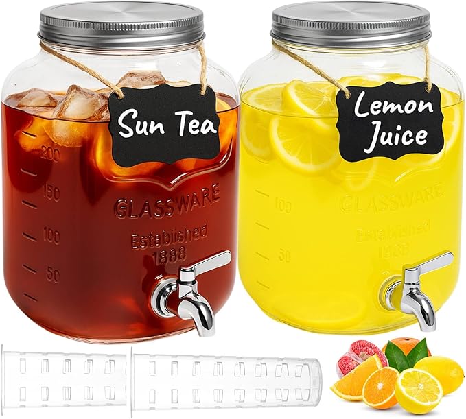 2 PCS 2 Gallon Drink Dispensers - Glass Peverage Dispenser for Parties with 18/8 Stainless Steel Spigots, Lemonade Dispens...