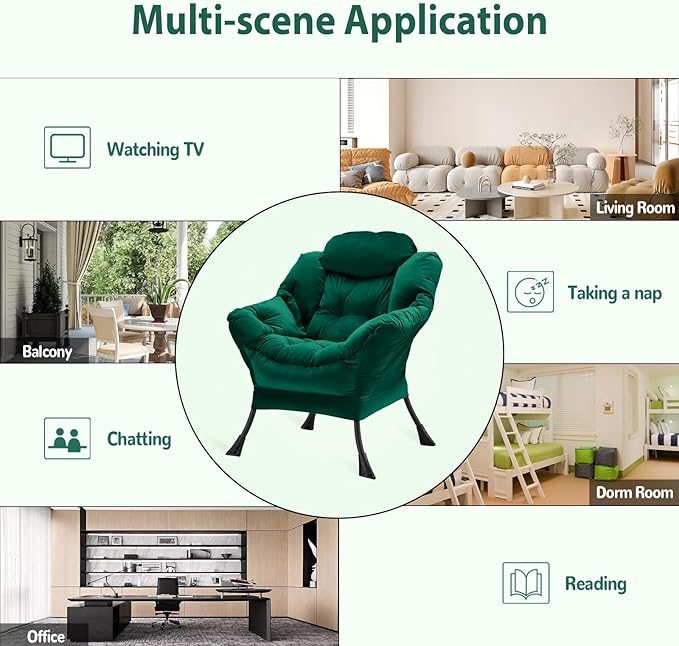 Youtanic Lazy Chair Thick Padded, Comfy Velvet Accent Lounge Chair with Stable Frame, Leisure Sofa Armchair with Armrests and Side Pocket, Reading Chair for Bedroom, Living Room, Office, Green