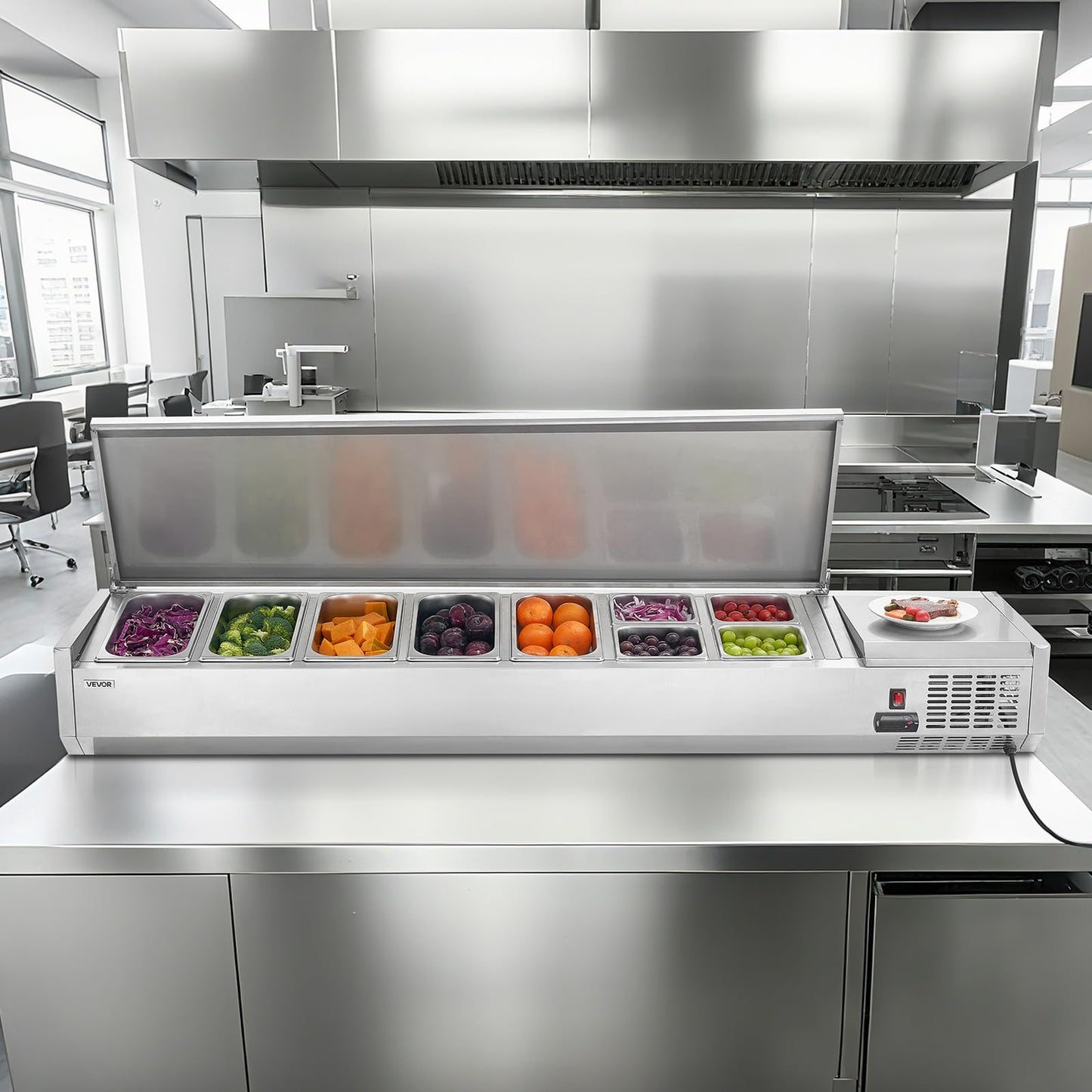 VEVOR Refrigerated Condiment Prep Station, 140 W Countertop Refrigerated Condiment Station, with Five 1/3 Pans & Four 1/6 Pans, 304 Stainless Body and PC Lid, Sandwich Prep Table with Stainless Guard