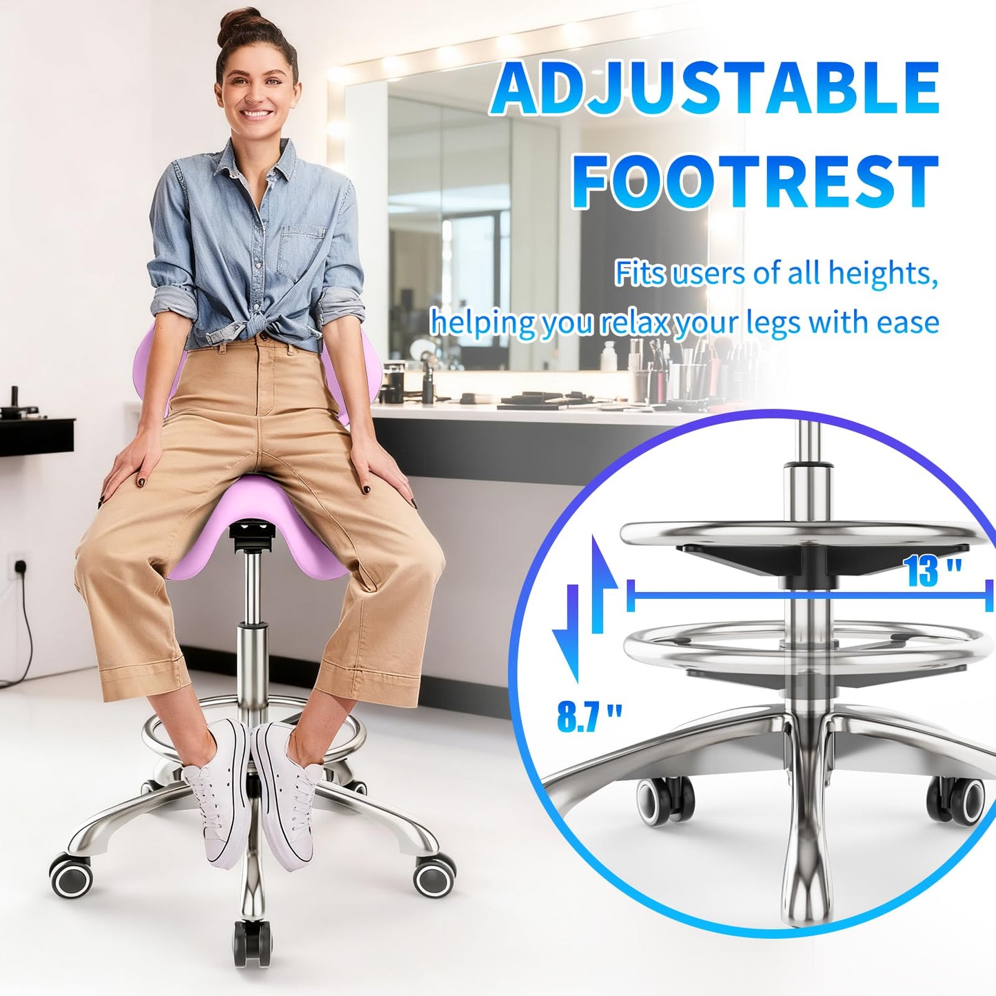 Saddle Chair with Back Support - Tilted Backrest, Adjustable Foot Rest, 350 LBS Capacity Ergonomic, 360° Swivel Drafting Chair for Salon, Spa, Massage, Tattoo, Facial lash, Home,（Macaron Purple）