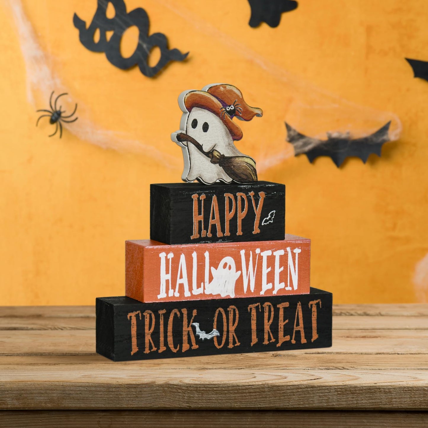 Smile 4 Pcs Wooden Blocks Signs, Happy Halloween Indoor Decorations, Trick or Treat Farm Decor Spooky Rustic for Home Table Shelf and Kitchen