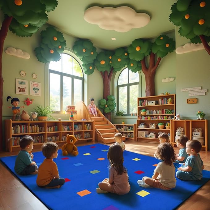 KIDCARPET.COM Seating Squares Multi on Blue 24 6' x 8'6" Rectangle, Educational Classroom Rug, Kids Learning Play Mat | Area Rug for Bedroom or Playroom