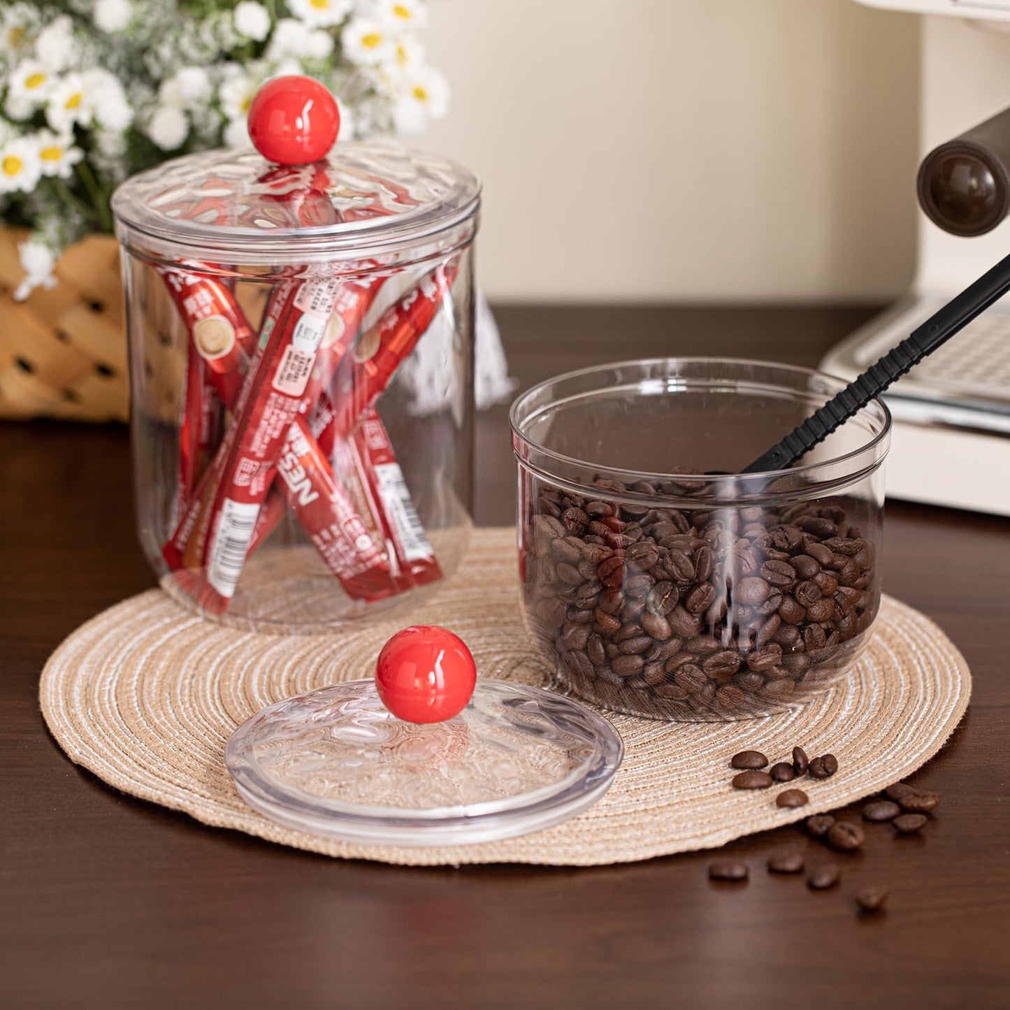 KEKEHOME 30oz Clear Candy Jar with Lid for Office Desk, Plastic Cookie Storage Jar for Kitchen Counter, 900ml