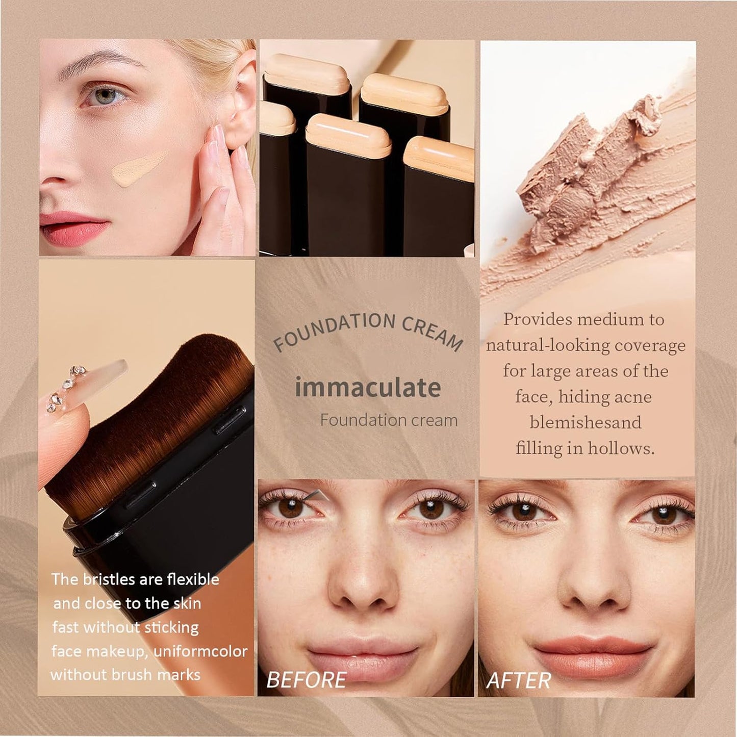 Face Foundation Concealer Stick,2-in-1 Long-wear Lightweight Contour Brighten Stick Blemish with Brush, Waterproof, Hydrating Full Coverage Dark Circles & Blemishes(4# Wheat Color)