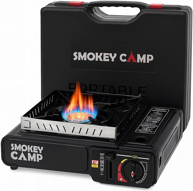 Portable Camping Stove with Plastic Suitcase 3000W Dual Fuel Compatable with Butane or Propane Fuel Tanks, Automatic Ignit...