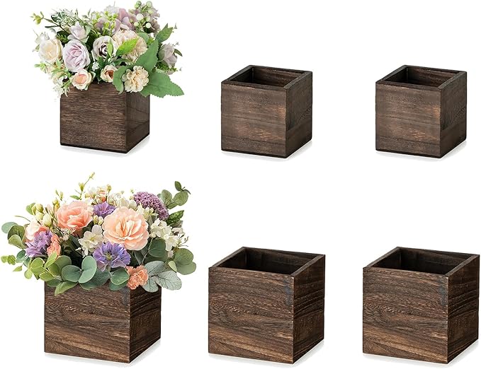 NUPTIO Wooden Box for Centerpiece Wedding: 6 Pcs Rustic Square Planter Box for Christmas Table Fall Decorations - 4×4" & ...