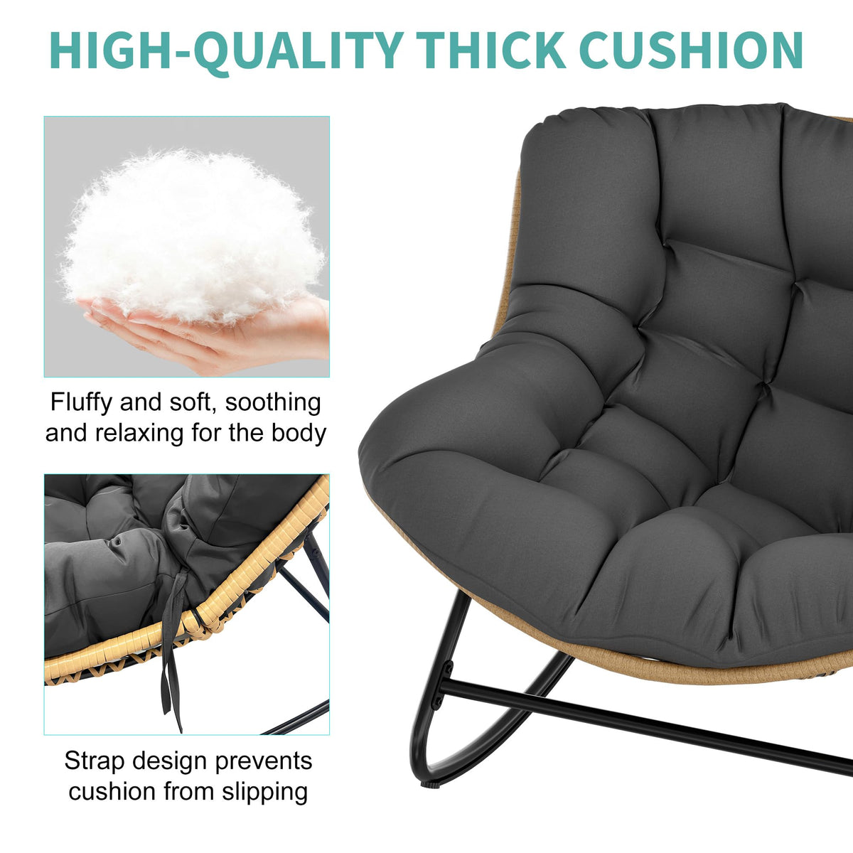Fancyango Oversized Rocking Chair Outdoor/Indoor - 450lbs Weight Capacity, Wicker Rattan Egg Lounge Chair with Cushion, All-Weather Patio Rocker for Porch, Garden, Balcony, Yellow-Black