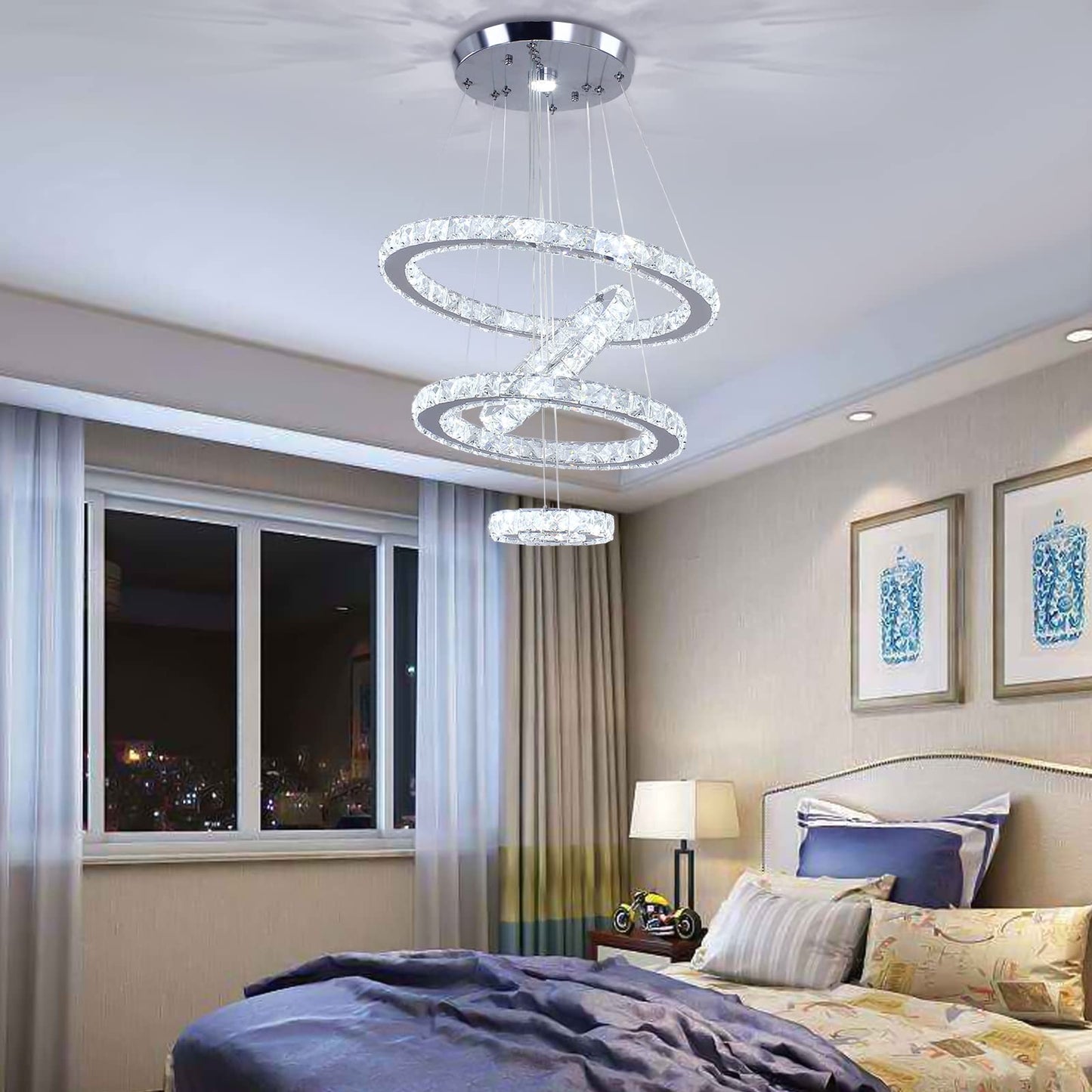 diisunbihuo Crystal Chandeliers Modern LED Rings Pendant Light Adjustable Stainless Steel Ceiling Light Fixture for Living Room Dining Room Bedroom (Cool White)