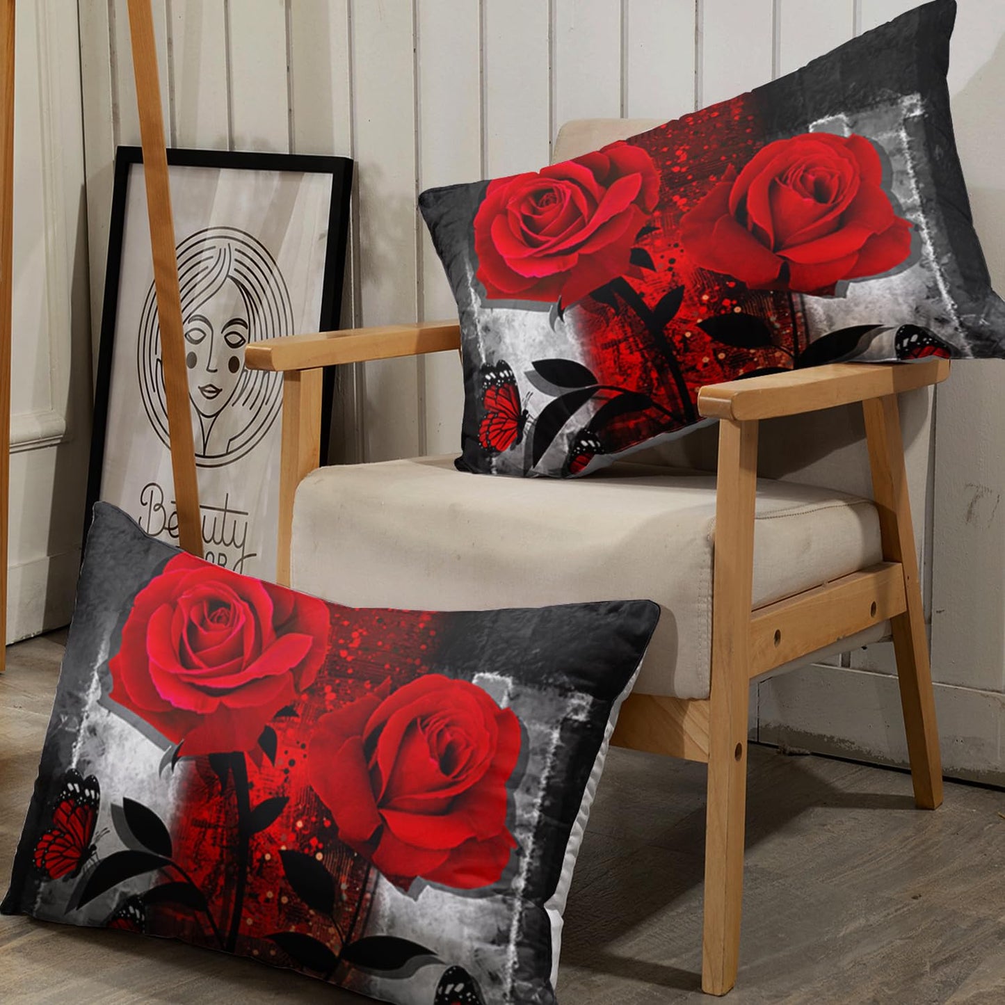 AILONEN Red Rose Fitted Sheet Set Queen Size, Grey Retro Couple Rose Bed Sheet Set,Romantic Floral Butterfly Sheet Set 3 Pieces, 1 Fitted Sheet and 2 Pillowcases