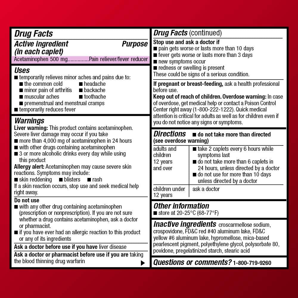 Amazon Basic Care Rapid Release Acetaminophen Caplets 500 mg, Extra Strength Pain Reliever and Fever Reducer, 400 Count (Pack of 4)