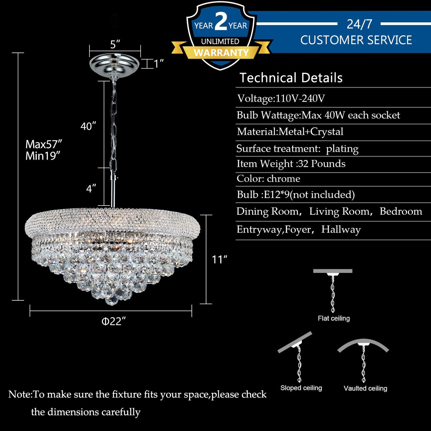 Crystal Chandeliers for Dining Room Light Fixtures Over Table, Empire Style k9 Crystal Chandelier for Bedroom, 9 Lights Chrome Luxury Lighting Fixtures for Living Room Kitchen lsland Entryway D22 Inch