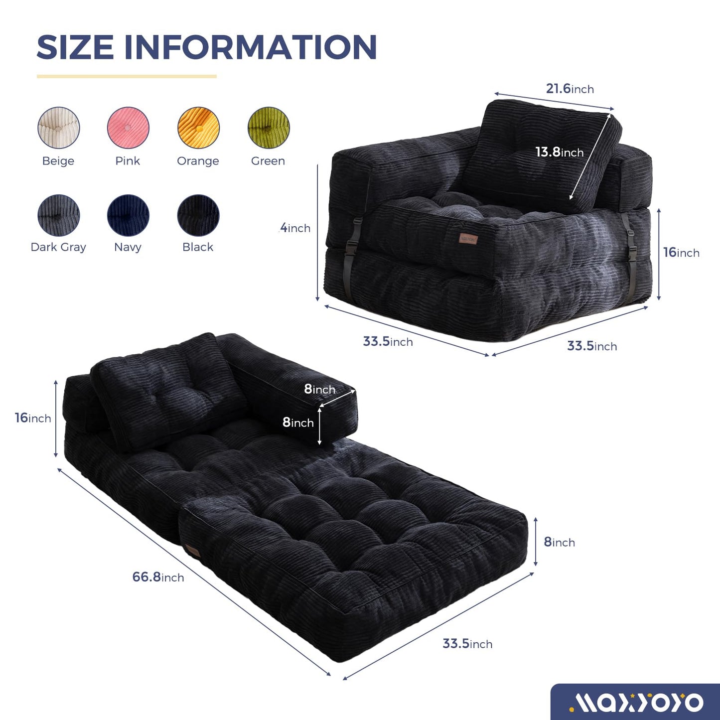 MAXYOYO Folding Sofa Bed, L-Shaped Convertible Sofa with Armrest Foldable Sleeper Bed with Pillow, Portable Fold Out Chair Comfy Floor Lounge for Living Room Bedroom, Black