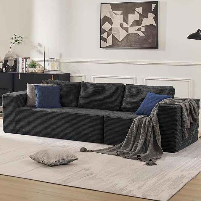 Furnify 106" 3-Seater Sofa, Cloud Modular Sofa with Certified Foam, Upholstered Floor Sofa with Deep Seat, Upholstered Sofa for Bedroom Living Room, No Assembly Required (Plush Corduroy Fabric, Black)