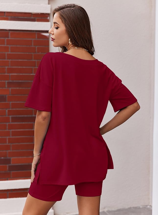 Ekouaer Womens Pajamas 2 Piece Lounge Sets Oversized V Neck T-Shirts Tops Biker Shorts Set Workout Reversible Tracksuit S-XXL