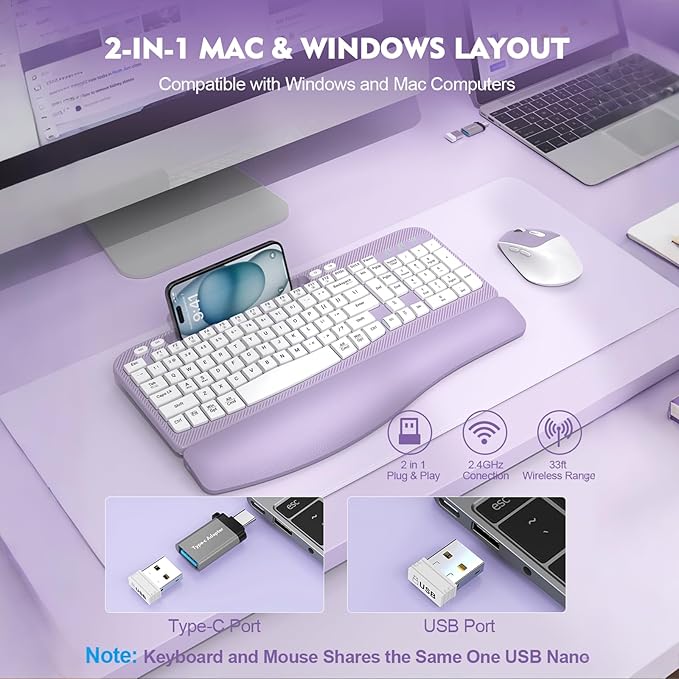 Wireless Keyboard and Mouse Combo, Wave Keys Full-Sized Ergonomic Keyboard with Cushioned Plam Rest, Phone Holder, Comfortable Natural Typing, 2.4G Cordless Set for Computer, Laptop, Pc, Mac, Windows