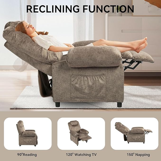 Pushback Massage Recliner Chair with Heat, Fabric Heated Small Massaging Reclining Chair Single Sofa for Adults, Overstuffed Push Back Manual Recliner for Living Room,Brown