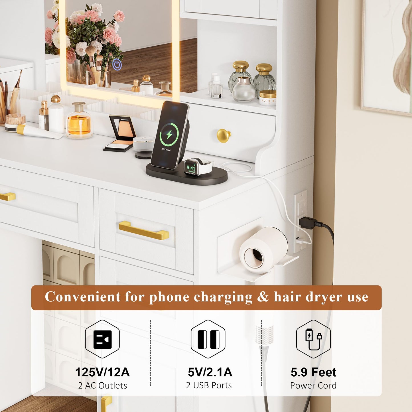 NUNU LAB Large Vanity Desk with Mirror and Lights - 7 Drawers & 4 Cabinets Extra Storage Capacity, Makeup Vanity Table with 3-Color Adjustable LED for Bedroom (043 No Bench, 42.1 * 15.75 * 57.7in)