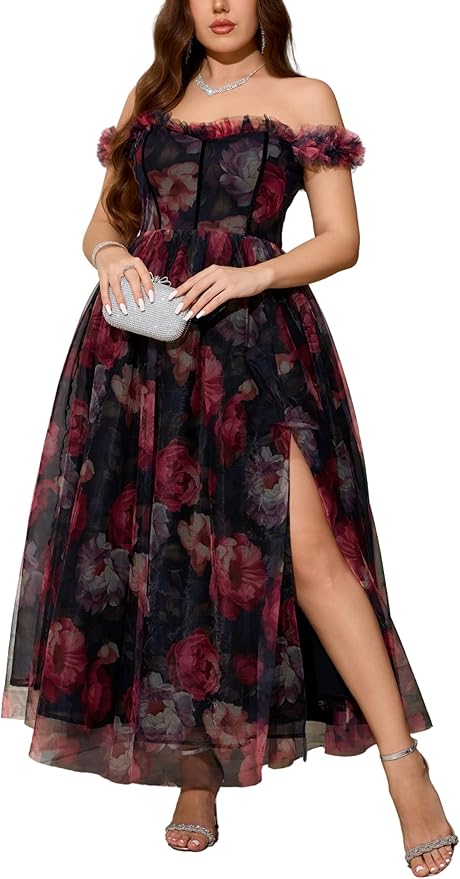 Women's Plus Size Formal Party Cocktail Dress, Wedding Guest Evening Gown with Slit - Off Shoulder Floral Tulle Maxi Dress