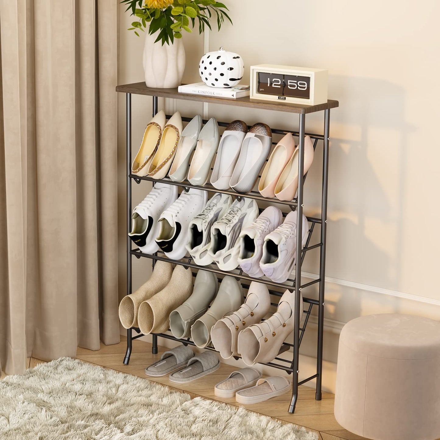 JZM Shoe Rack Storage, Narrow 4 Tier Metal Shoe Storage Shelf, Free Standing Shoe Racks, Space Saving Shoe Rack Organizer for Entryway, Hallway, Bedroom, Living Room(12-16 Pair)