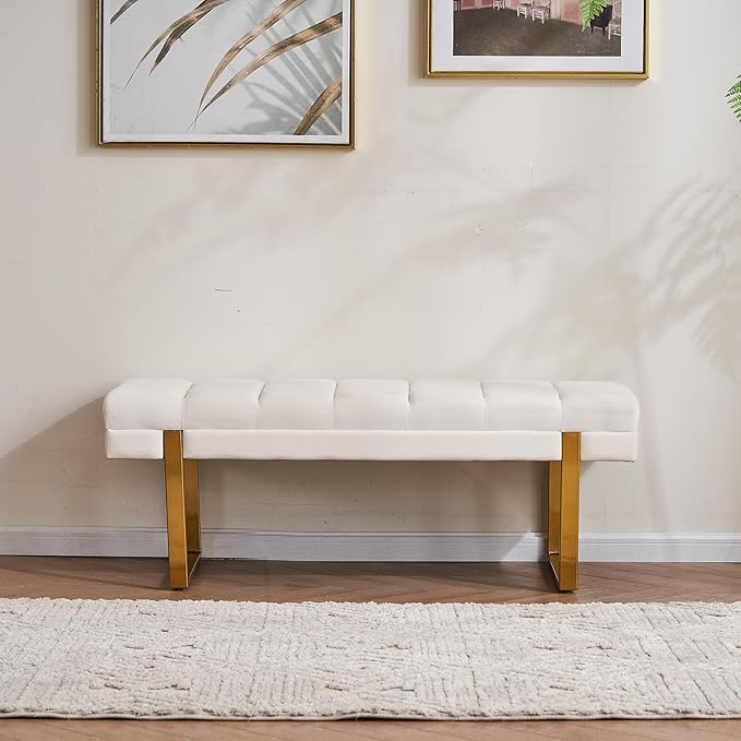 AIITTCC Velvet Ottoman Bedroom Bench, 46.5" Tufted Padded End of Bed Bench with Gold Legs, Upholstered Shoe Bench for Living Room Entryway Window (Ivory White, 46" Wide)