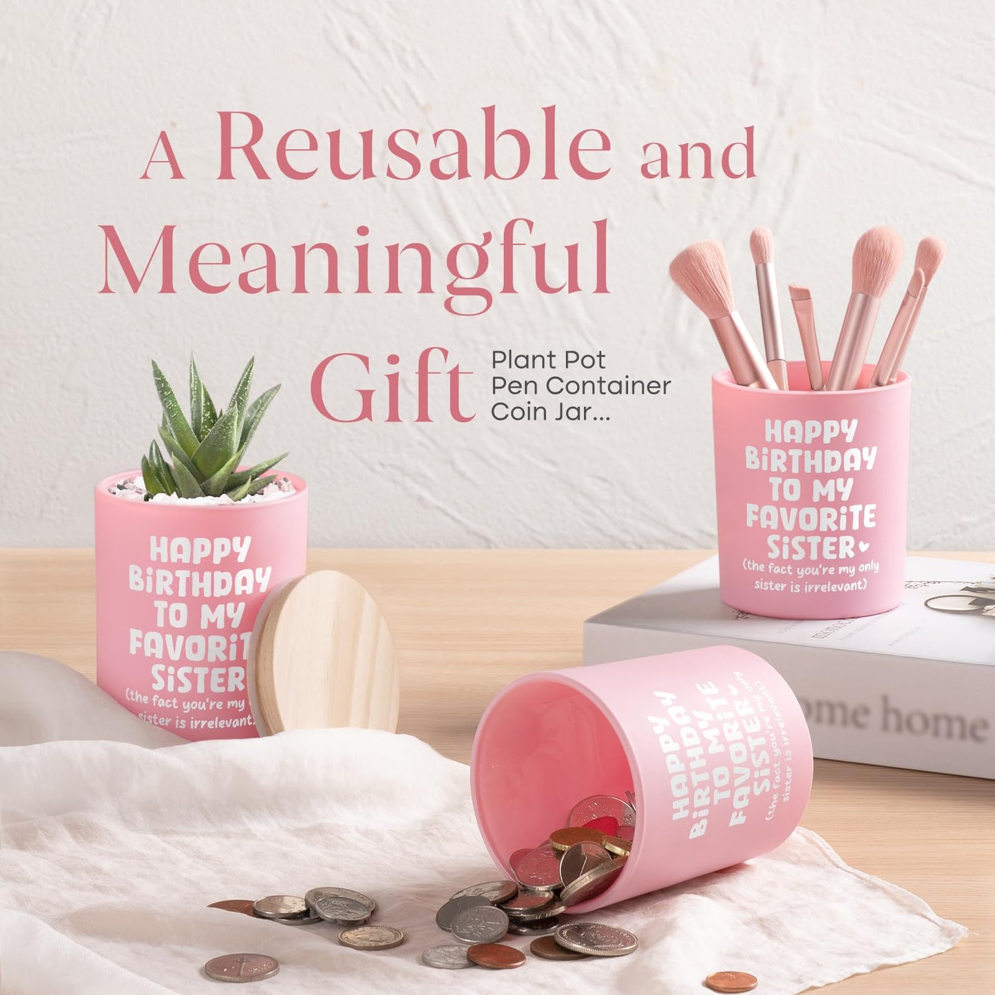 Encoink Funny Sister Birthday Gifts Ideas, Lavender Vanilla Scented Candle Sister Gifts from Sister Brother, Happy Birthday to My Favorite Sister, Pink Jar with Wooden Lid(10oz)