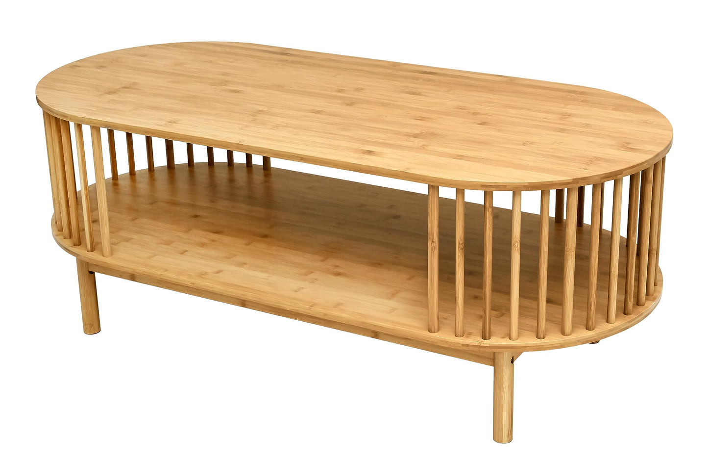 VaeFae Oval Coffee Table, Bamboo Coffee Table for Living Room, 2-Tier Farmhouse Center Table with Storage Shelf