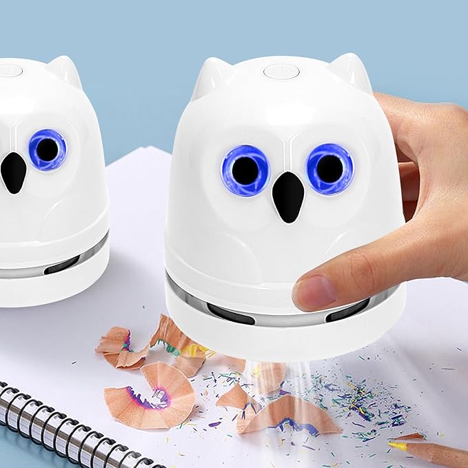 Mini Desktop Vacuum Cleaner Owl Desk Vacuum Cleaner Cute Desk Vacuum Sweeper for Cleaning Eraser Waste, Crumbs, Hair, Paper Scraps on Computer Piano Keyboard Countertop Car