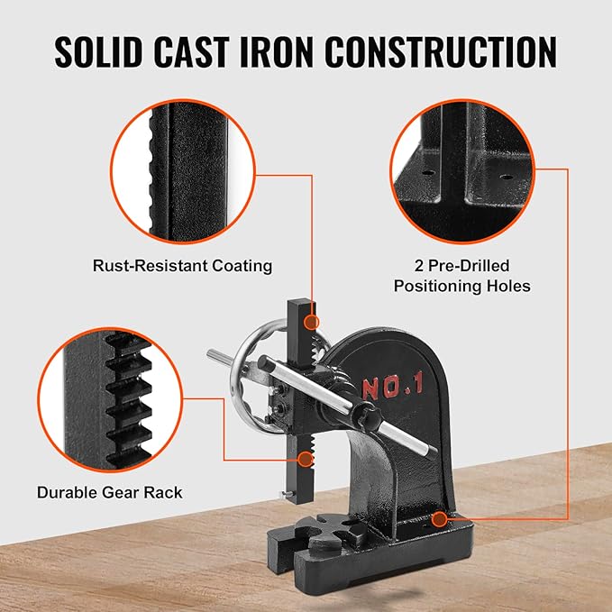 VEVOR Arbor Press, 1 Ton Manual Arbor Press with Handwheel, 5.9" Maximum Height, Cast Iron Heavy-duty Manual Desktop Arbor Press, Precision Hand Press for Stamping, Bending, Stretching, Forming