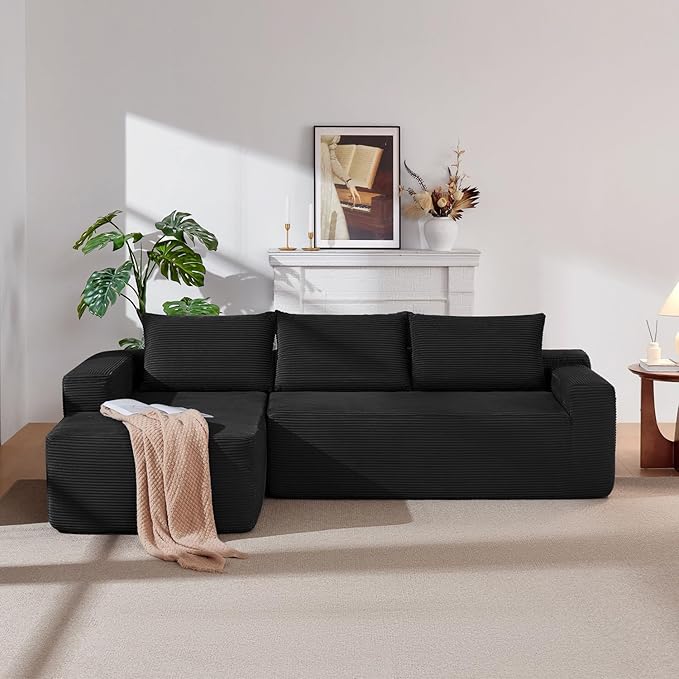 Vanress 97" Cloud Couch Sectional, Corduroy Boneless Couch with L-Shape Chaise,Modern Modular Sectional Sofa Comfy Deep Seat for Living Room, Bedroom, No Assembly (Black, Left Facing Chaise)