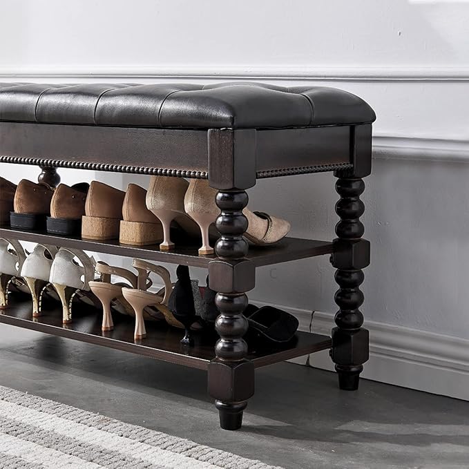LEILISI Shoe Bench, Wood Storage Bench with Cushion Seat, Shoe Rack with Hidden Storage Space for Entryway Living Room Bedroom Hallway (Walnut, 31.5'')