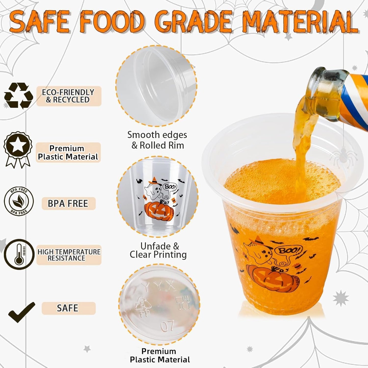 GuassLee 50 Pack Disposable Halloween Cups - Clear 12Oz Disposable Plastic Cups Set with 5 Styles Patterns for Kids Adults Halloween Party Favors Coffee Wine Hot Cold Drinks